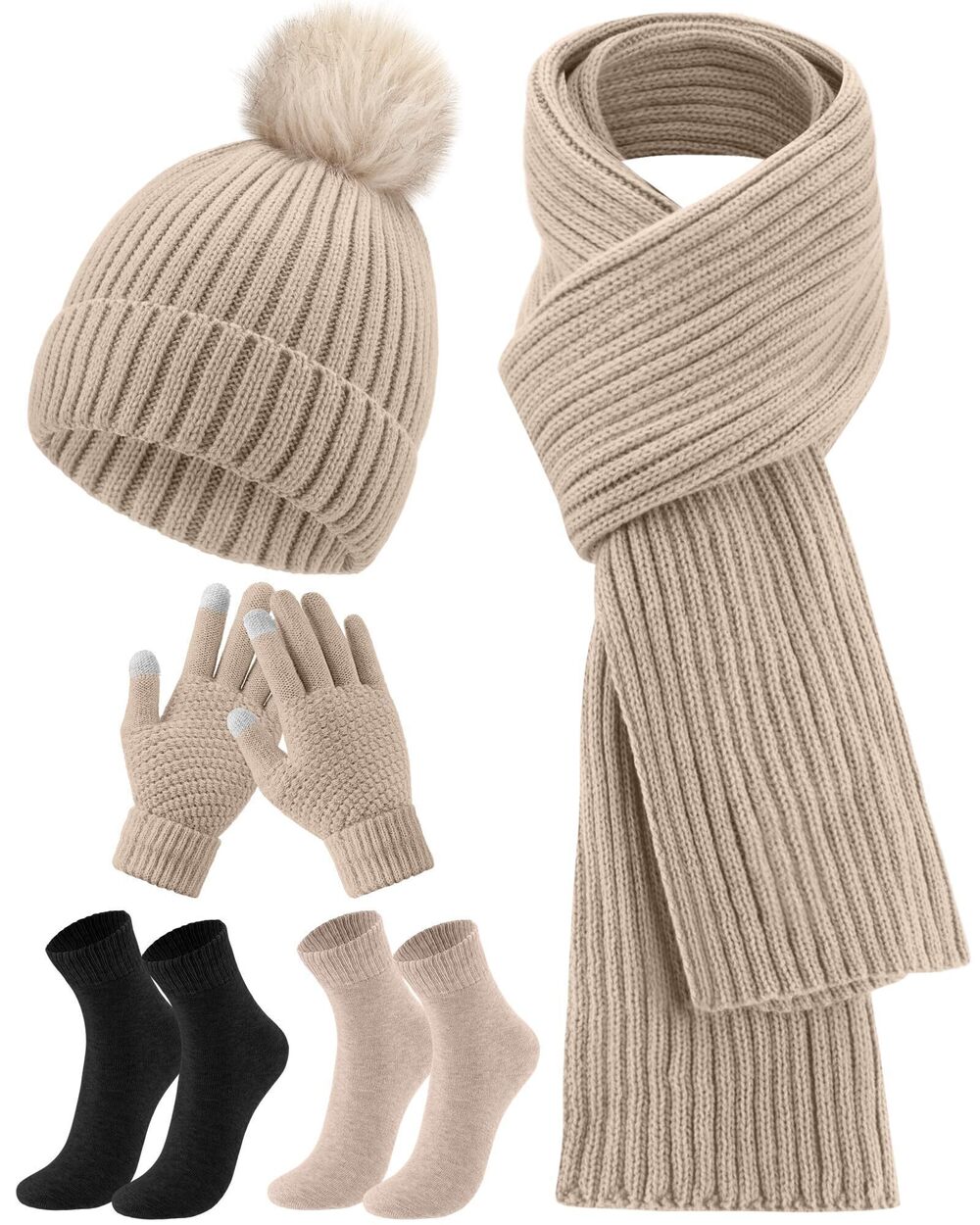 7736 5 Pieces Winter Beanie Hat Scarf Touchscreen Gloves and Thick Socks